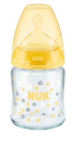 Nuk, FC+, Butelka szklana do mleka, silikon, Żółta, 0-6 m, rozmiar M, 120 ml Nuk