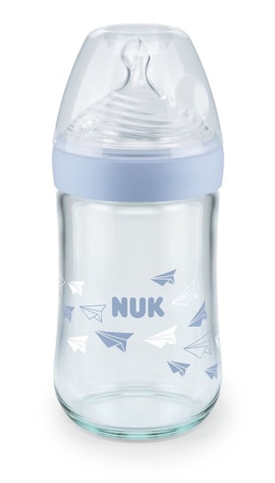 Nuk, Nature Sense , Butelka szklana do mleka, silikon, Niebieska, 0-6 m, rozmiar M, 240 ml Nuk