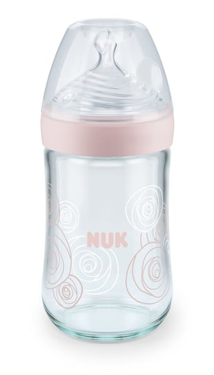 Nuk, Nature Sense, Butelka szklana do mleka, silikon, Różowa, 0-6 m, rozmiar M, 240 ml Nuk