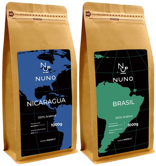 Nuno, zestaw kaw ziarnistych Brazylia i Nikaragua Arabika świeża 72h, 2 x 1 kg Nuno