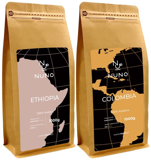 Nuno, zestaw kaw ziarnistych Etiopia i Kolumbia Arabika świeża 72h, 2 x 1 kg Nuno