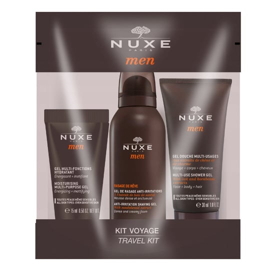 NUXE Men Zestaw podróżnych kosmetyków dla mężczyzn: żel pod prysznic 30ml + żel do golenia 35ml + żel nawilżający do twarzy 15ml Nuxe