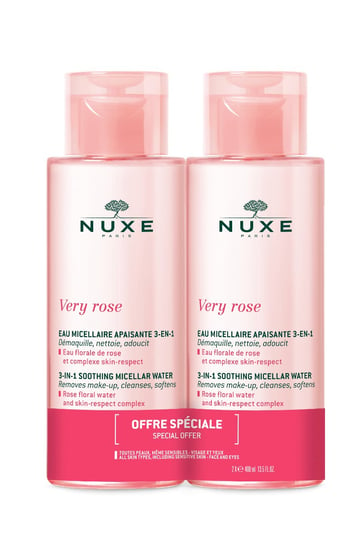 Nuxe Very Rose, łagodząca woda micelarna 3 w 1, duopak, 2 x 400 ml Nuxe