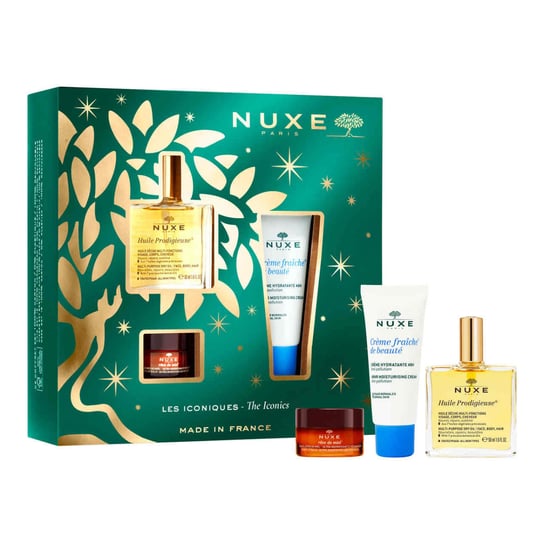 Nuxe Zestaw Xmass 2021, suchy olejek do pielęgnacji twarzy, ciała i włosów, 50 ml +  odżywczy balsam do ust, 15 g + krem do skóry normalnej, 30 ml Nuxe