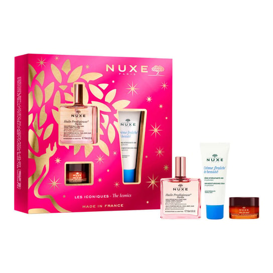 Nuxe Zestaw Xmass 2021, suchy olejek pielęgnacyjny o kwiatowym zapachu, 50 ml + odżywczy balsam do ust, 15 g + krem do skóry normalnej, 30 ml Nuxe