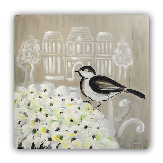Obraz CARO, Czarny ptak i białe kwiaty, 40x40 cm Feeby