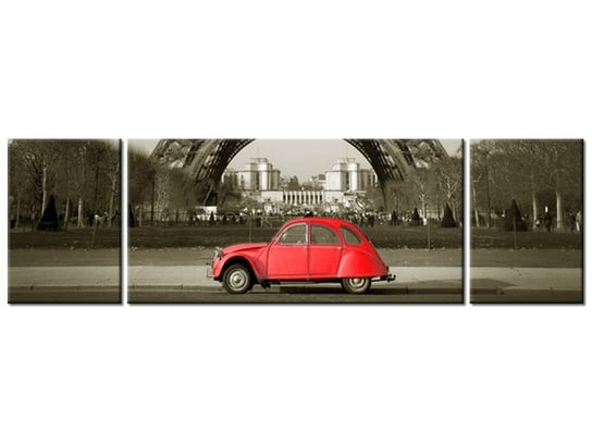Obraz Czerwone auto przed Wieżą Eiffla, 3 elementy, 170x50 cm Oobrazy