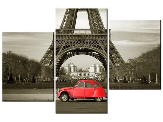 Obraz Czerwone auto przed Wieżą Eiffla, 3 elementy, 90x60 cm Oobrazy