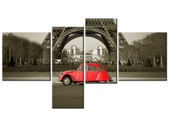 Obraz Czerwone auto przed Wieżą Eiffla, 4 elementy, 100x55 cm Oobrazy