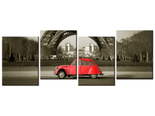 Obraz Czerwone auto przed Wieżą Eiffla, 4 elementy, 120x45 cm Oobrazy