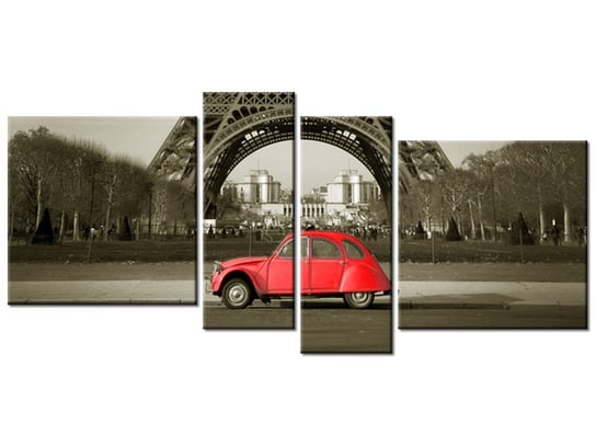 Obraz Czerwone auto przed Wieżą Eiffla, 4 elementy, 120x55 cm Oobrazy
