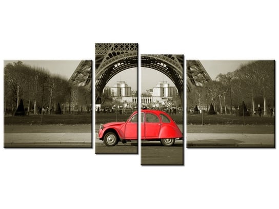 Obraz Czerwone auto przed Wieżą Eiffla, 4 elementy, 120x55 cm Oobrazy