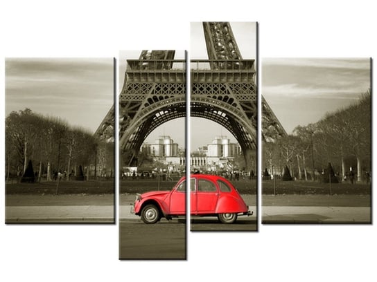 Obraz Czerwone auto przed Wieżą Eiffla, 4 elementy, 130x85 cm Oobrazy