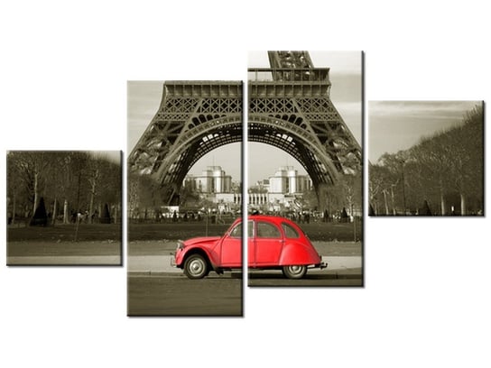 Obraz Czerwone auto przed Wieżą Eiffla, 4 elementy, 160x90 cm Oobrazy