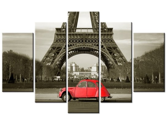 Obraz Czerwone auto przed Wieżą Eiffla, 5 elementów, 100x63 cm Oobrazy