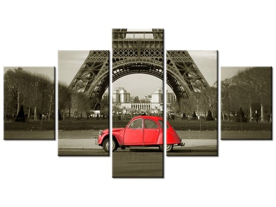 Obraz Czerwone auto przed Wieżą Eiffla, 5 elementów, 125x70 cm Oobrazy
