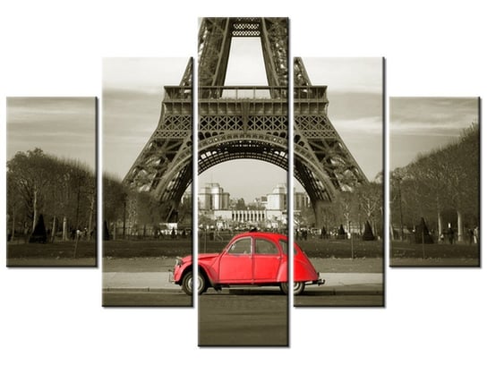 Obraz Czerwone auto przed Wieżą Eiffla, 5 elementów, 150x105 cm Oobrazy