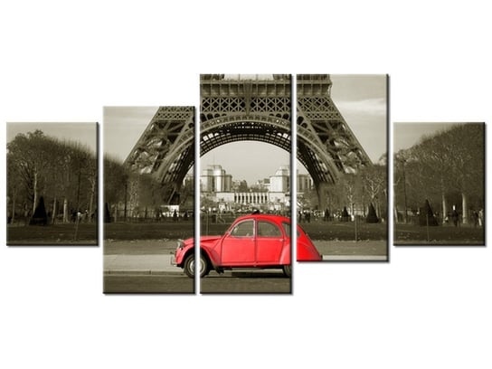 Obraz Czerwone auto przed Wieżą Eiffla, 5 elementów, 150x70 cm Oobrazy