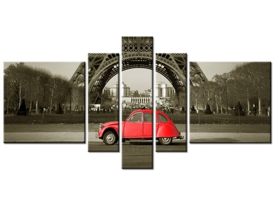 Obraz Czerwone auto przed Wieżą Eiffla, 5 elementów, 160x80 cm Oobrazy