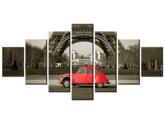 Obraz Czerwone auto przed Wieżą Eiffla, 7 elementów, 210x100 cm Oobrazy