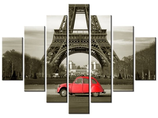 Obraz Czerwone auto przed Wieżą Eiffla, 7 elementów, 210x150 cm Oobrazy
