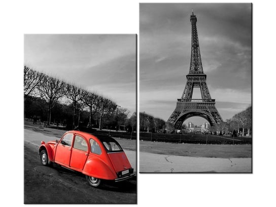 Obraz, Czerwone auto przy Wieży Eiffla, 2 elementy, 80x70 cm Oobrazy