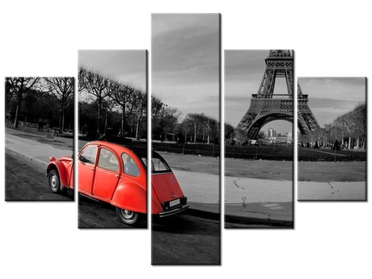 Obraz, Czerwone auto przy Wieży Eiffla, 5 elementów, 100x70 cm Oobrazy
