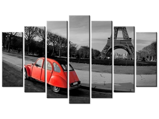 Obraz, Czerwone auto przy Wieży Eiffla, 7 elementów, 140x80 cm Oobrazy