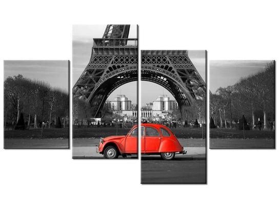 Obraz Czerwony samochód przed Wieżą Eiffla, 4 elementy, 120x70 cm Oobrazy