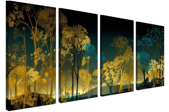 Obraz czteroczęściowy na ścianę do salonu sypialni Fantastyczny las złota i błękitu 32532 32532 60x120 Naklejkomania