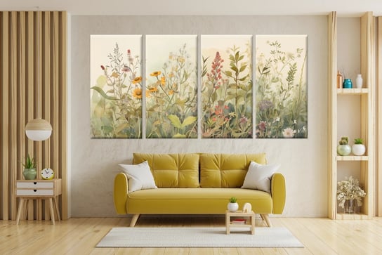 Obraz czteroczęściowy na ścianę do salonu sypialni malowana łąka 60x120 Naklejkomania