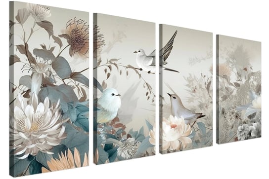 Obraz czteroczęściowy na ścianę do salonu sypialni Ptaki wśród kwiatów 80x160 Naklejkomania