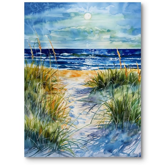 Obraz do salonu plaża morze z trawami akwarela niebiesko-zielony 50x70 cm MieszkoMieszko