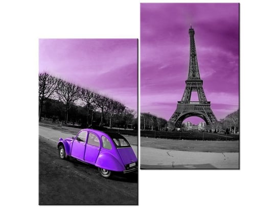 Obraz, Fioletowe auto przy Wieży Eiffla, 2 elementy, 60x60 cm Oobrazy