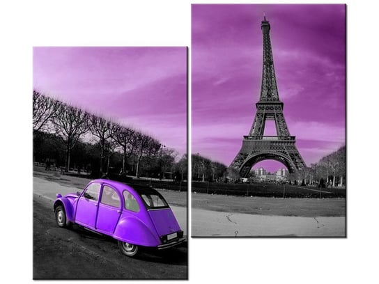 Obraz, Fioletowe auto przy Wieży Eiffla, 2 elementy, 80x70 cm Oobrazy