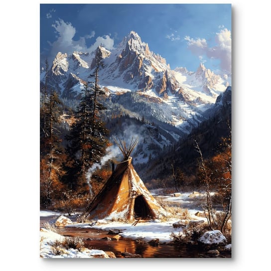 Obraz górski pejzaż z tipi do salonu rustykalny brązowo-biały 50x70 cm MieszkoMieszko