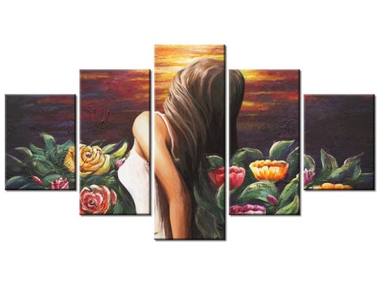 Obraz Kobieta wśród kwiatów, 5 elementów, 150x80 cm Oobrazy