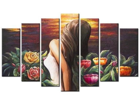 Obraz Kobieta wśród kwiatów, 7 elementów, 140x80 cm Oobrazy