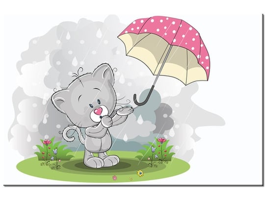 Obraz Kotek w deszczu z różową parasolką, 60x40 cm Oobrazy