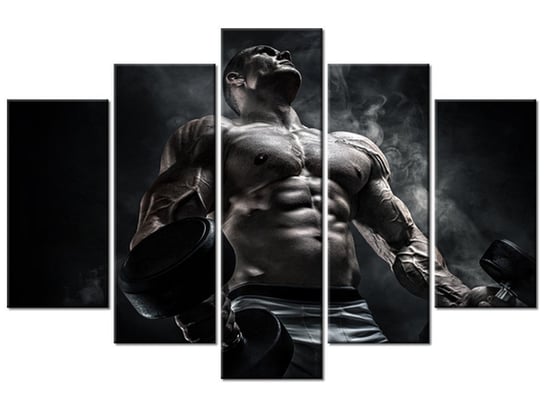 Obraz Mężczyzna na siłowni w stalowym kolorze, 5 elementów, 150x100 cm Oobrazy