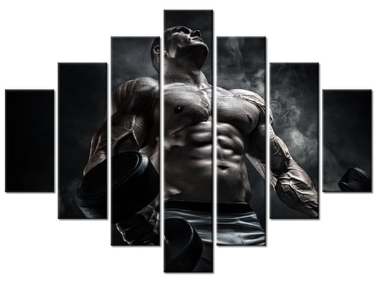 Obraz Mężczyzna na siłowni w stalowym kolorze, 7 elementów, 210x150 cm Oobrazy