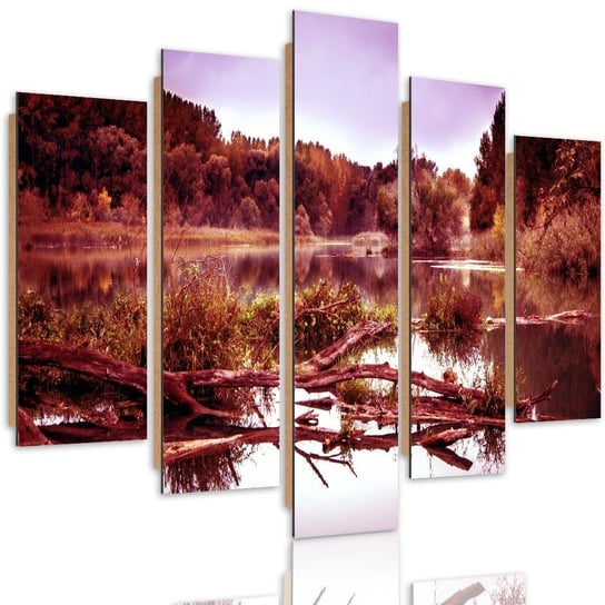 Obraz na panelu dekoracyjnym FEEBY, pentaptyk typ C, Powalone drzewo w jeziorze 3, 100x70 cm Feeby