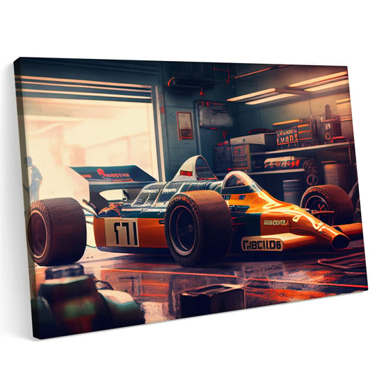 Obraz na płótnie 140x100cm Bolid retro F1 w garażu Printonia