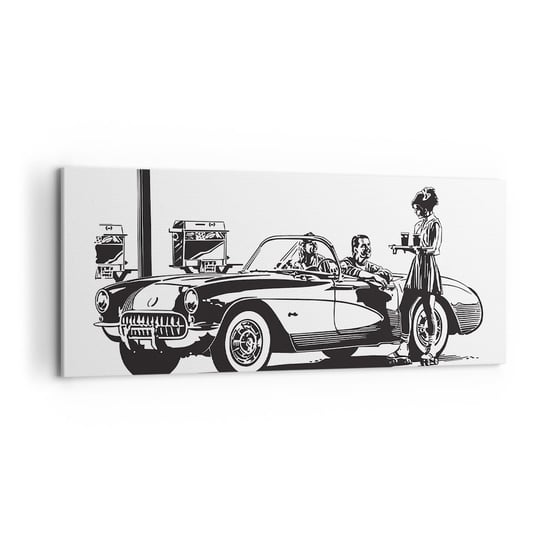 Obraz na płótnie - 60. - beztroska Ameryka - 100x40cm - Samochód Vintage Stacja Benzynowa Ameryka - Nowoczesny foto obraz w ramie do salonu do sypialni ARTTOR ARTTOR