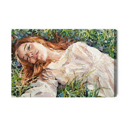 Obraz Na Płótnie .A Red-Haired Beauty, A Young Girl Lies And Dreams On The Field Among Various Summer Grasses And Wildflowers. O Inna marka
