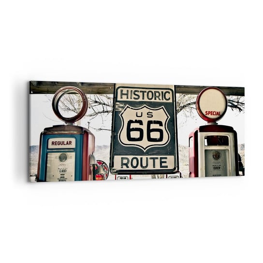 Obraz na płótnie - Amerykańska retro podróż - 120x50 cm - Obraz nowoczesny - Vintage, Droga 66, Droga 66, Stacja Benzynowa, Usa - AB120x50-3573 ARTTOR