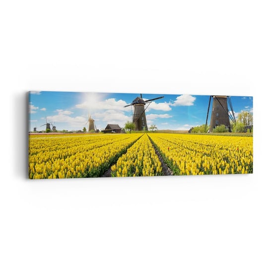 Obraz na płótnie - Bardziej holenderski być nie może - 90x30cm - Krajobraz Wiatrak Tulipany - Nowoczesny Canvas obraz do salonu do sypialni ARTTOR ARTTOR