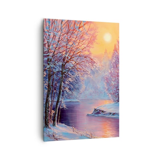 Obraz na płótnie - Barwy zimy - 70x100cm - Krajobraz Rzeka Las - Nowoczesny foto obraz w ramie do salonu do sypialni ARTTOR ARTTOR