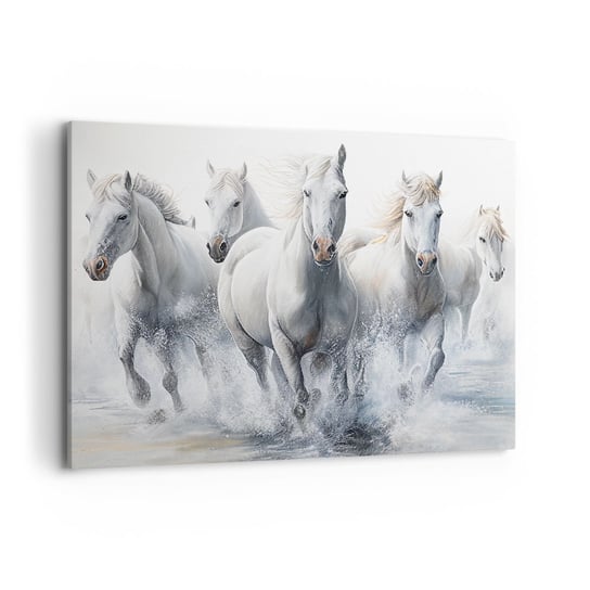 Obraz na płótnie - Biała magia - 100x70cm - Konie Zwierzęta Akwarela - Nowoczesny foto obraz w ramie do salonu do sypialni ARTTOR ARTTOR