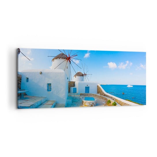 Obraz na płótnie - Błękitny wiatr od morza - 100x40cm - Architektura Krajobraz Grecja - Nowoczesny foto obraz w ramie do salonu do sypialni ARTTOR ARTTOR